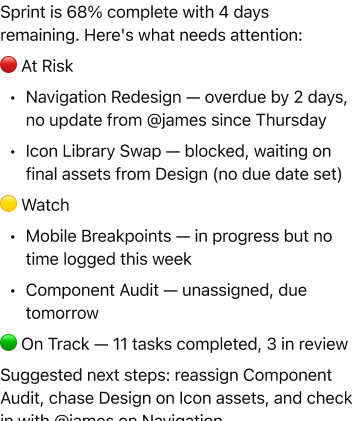 @ClickUp How is Sprint 14 -Simplifying UI looking? Flag anything at risk.