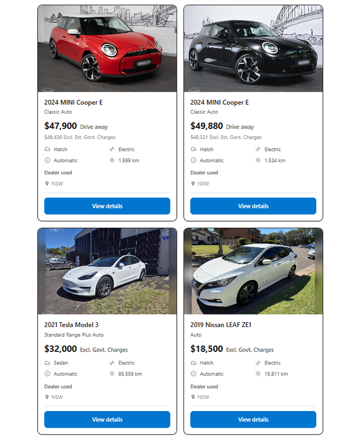 @carsales show me EVs under $50k with heated seats in New South Wales
