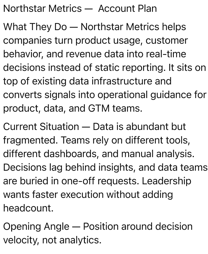 Help me build a plan to approach the Northstar Metrics account