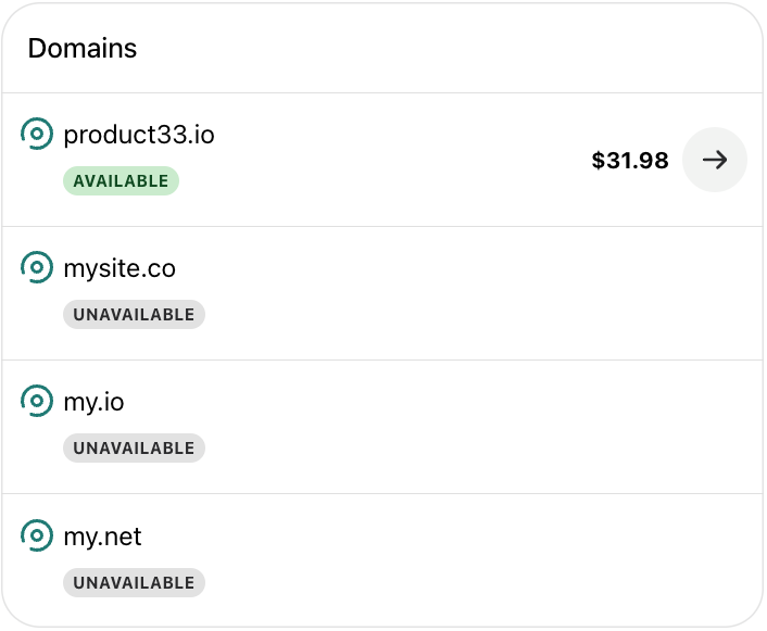 Please check mysite.co, my.io, my.net and product33.io for availability.