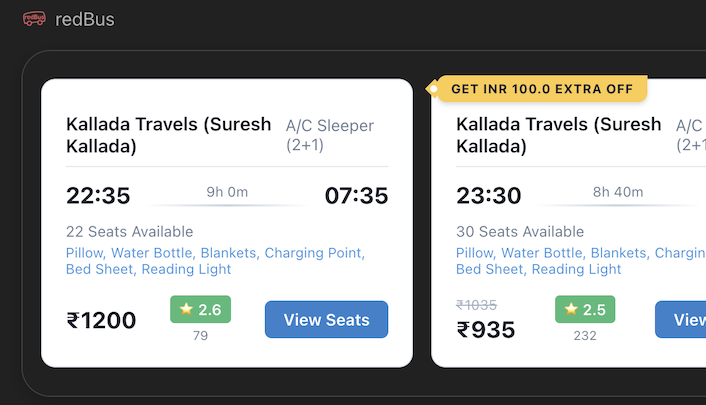 Search AC buses from Bangalore to Hyderabad for tomorrow evening.
