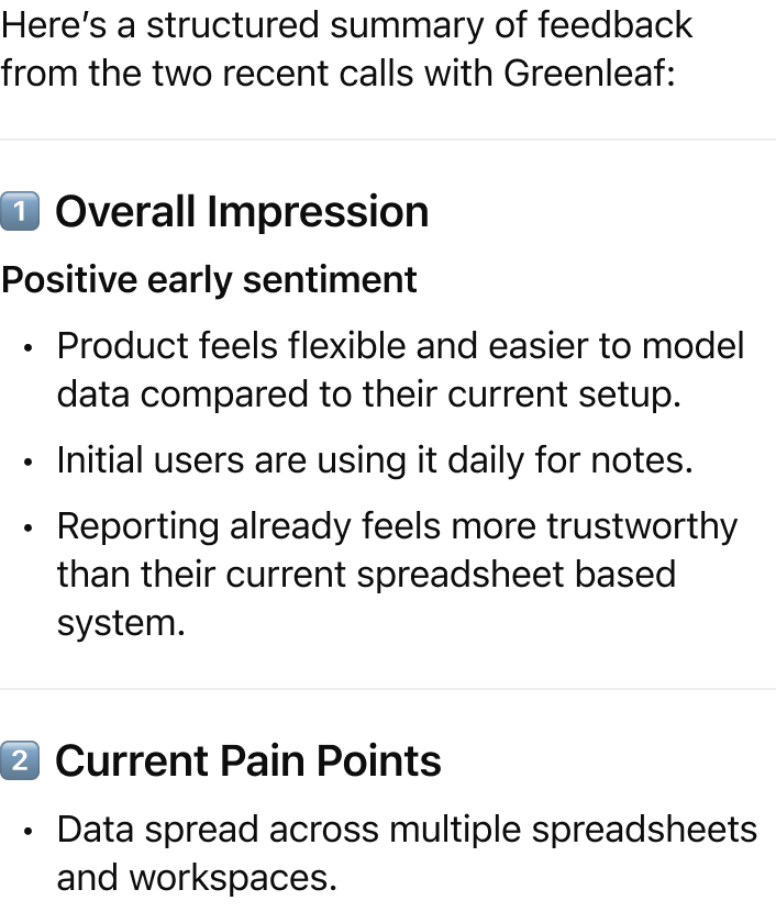 Summarize feedback from recent calls