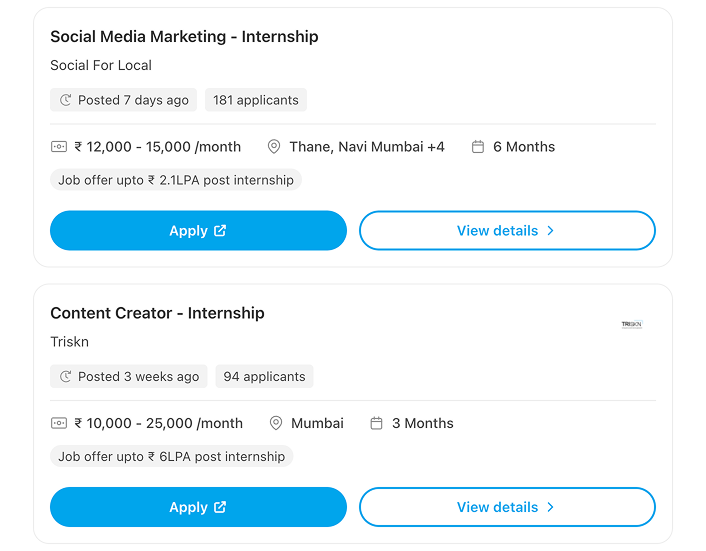 Find me paid marketing internships in Mumbai with a PPO.