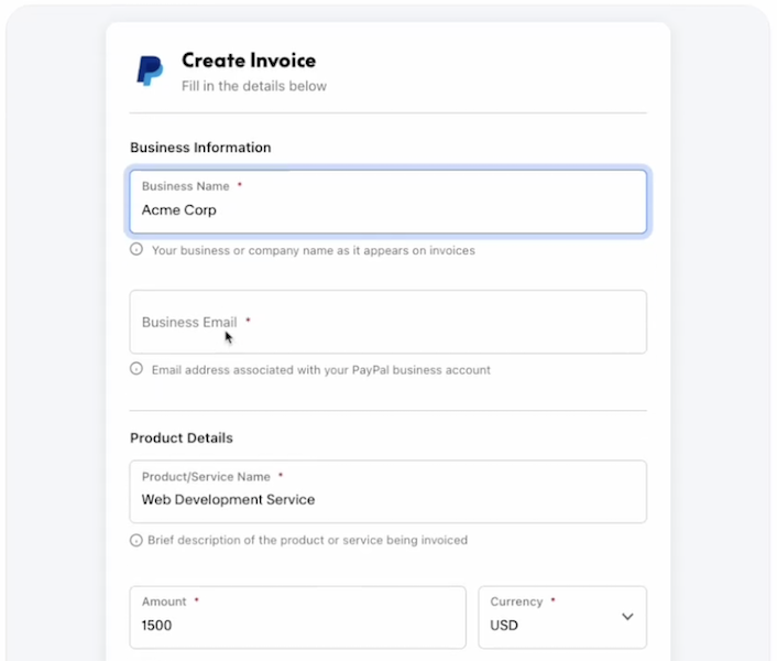 Create a $1500 PayPal invoice for Acme Corp for web development services.