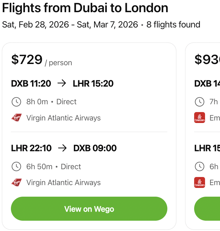 Show me round-trip flights from Dubai to London next weekend