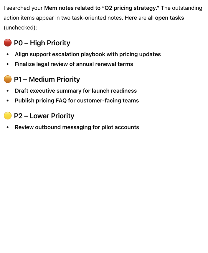 Search my Mem for Q2 pricing strategy and list any outstanding action items