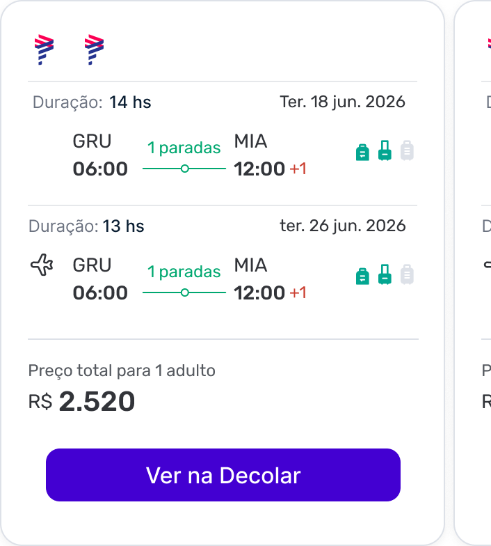 @Decolar Quero um voo para Miami saindo de São Paulo, de 18 a 26 de junho