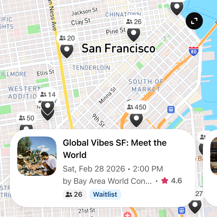 @Meetup recommend events in San Francisco where I meet people from abroad