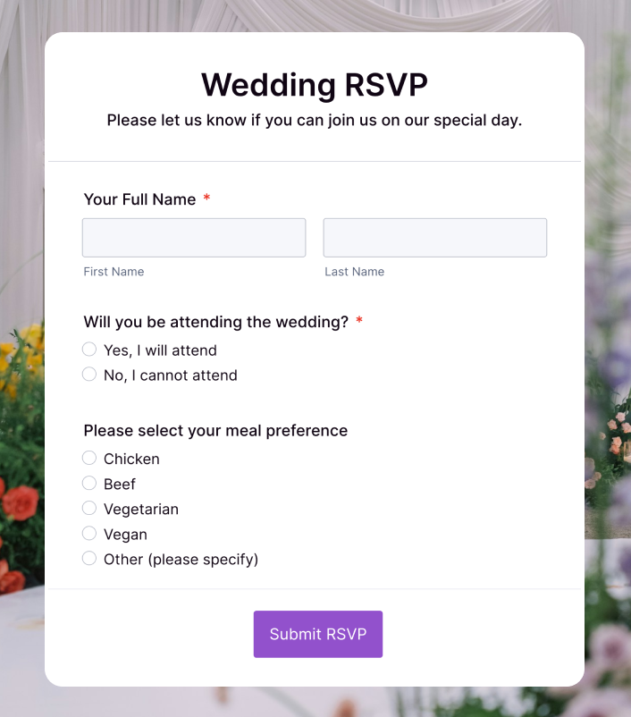 Create me an RSVP form for my wedding