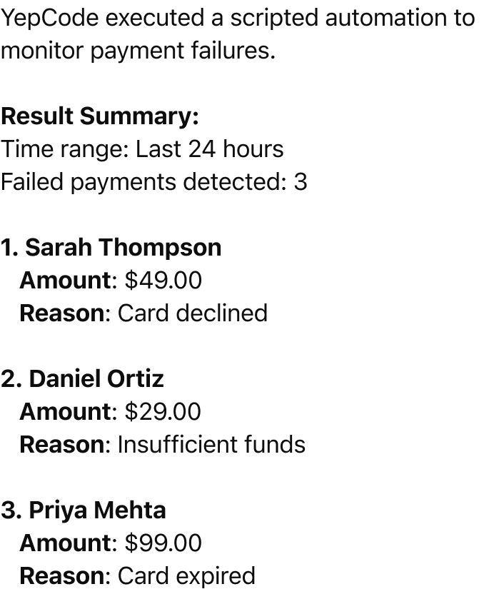 Check the last 24 hours of payment activity and alert the team if any trans