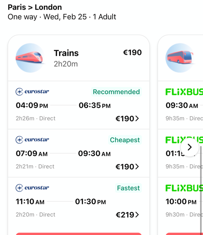 I need to go from Paris to London tomorrow, find me train options